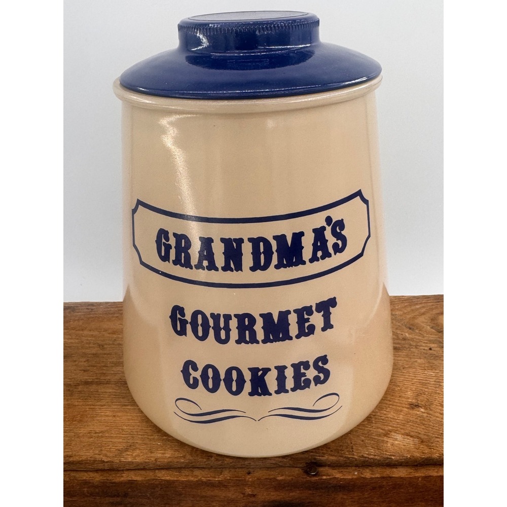 Vintage Bartlett Collins Grandmas Gourmet Cookies Glass Jar Blue Lid 9" Tall